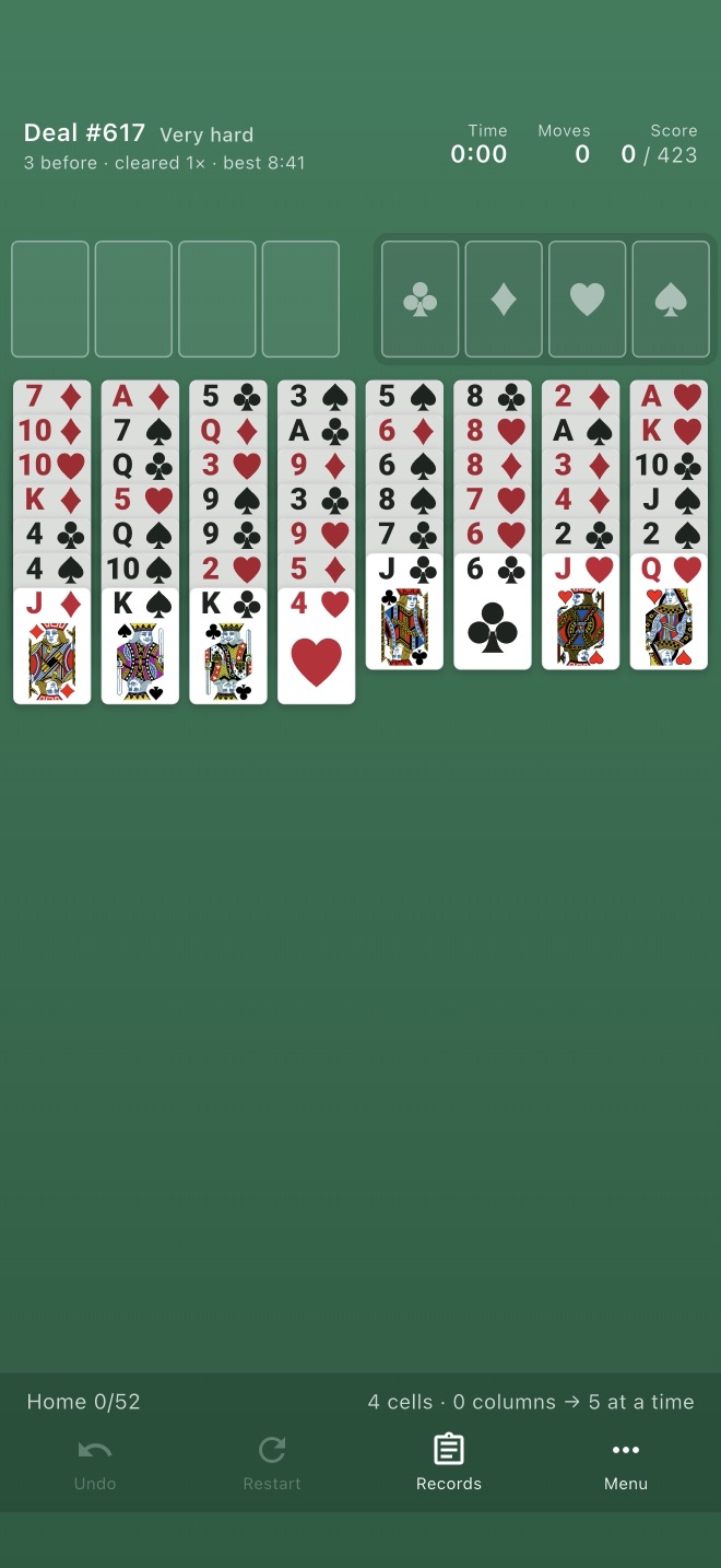 Deal #617 on the board, graded Very hard beside the number, with past attempts underneath.