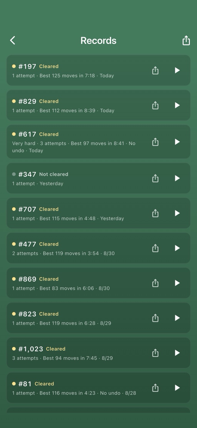 The deal list: for each number, how many times it was opened and which try cleared it.